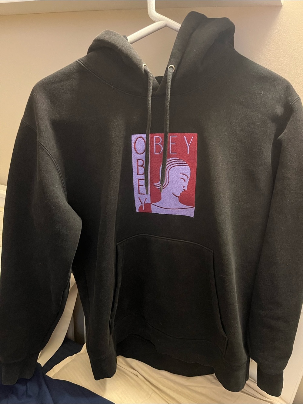 Obey Black Hoodie with Red & Lavender Graphic Panel